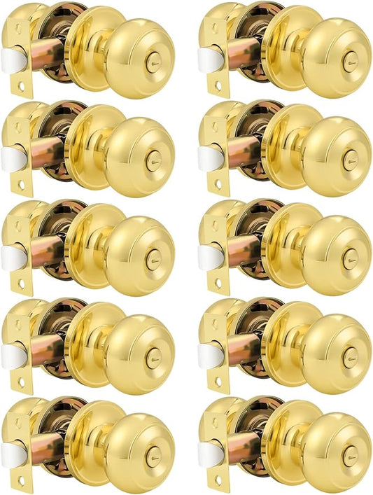Probrico 10 Pack Privacy Door Knobs Lock Interior Bedroom Bathroom Door Handle Polished Brass Round Ball Keyless Lockset