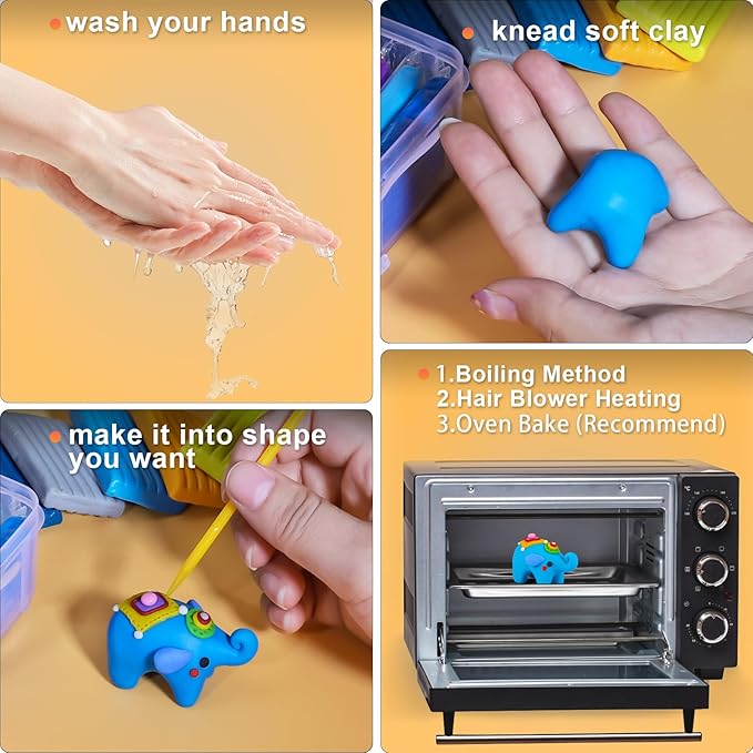 Polymer Clay，Ixiaoyoo Oven Bake Modeling Clay for Kids, DIY Starter Kits Model Clay, Non-Toxic, Non-Sticky,with Sculpting Tools, Ideal for Children and Artists