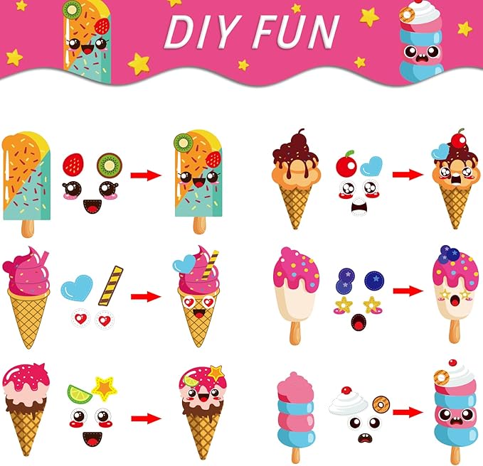 30 Packs Summer Ice Cream Craft Kits for Kids Sweets DIY Sticker Art Craft Set for Early Education Home Class Day-Care Fun Game Activities Summer Party Favors