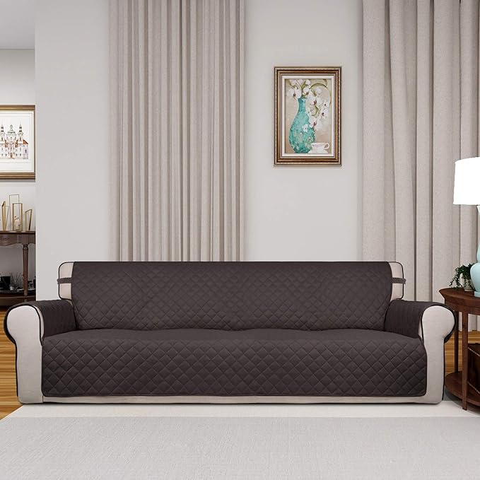 PureFit Reversible Quilted Sofa Cover, Water Resistant Slipcover Furniture Protector, Washable Couch Cover with Non Slip and Elastic Straps for Kids, Dogs, Pets (XX Large, Chocolate/Chocolate)