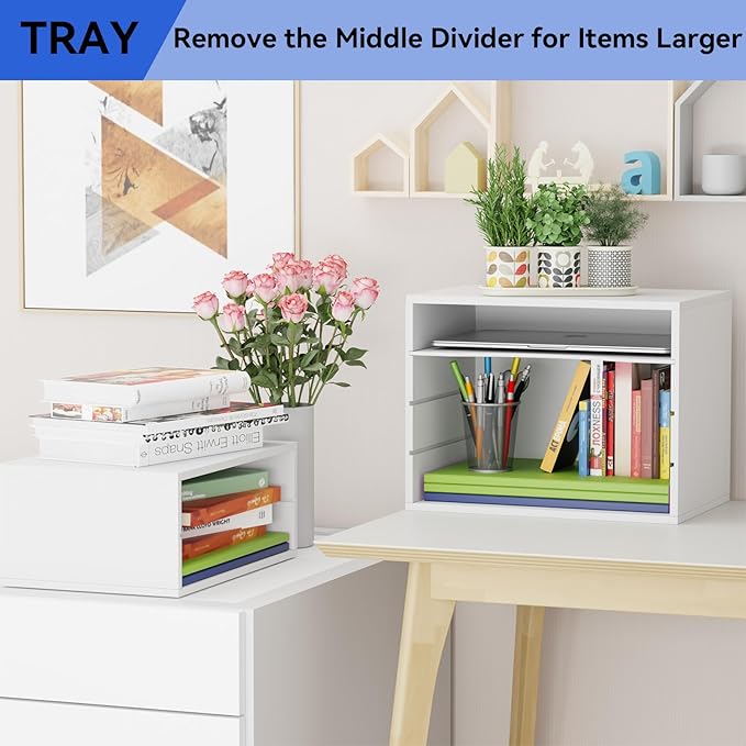 Wood Desktop Letter Tray File Organizer, Paper Storage Mail Sorter with 3 Adjustable Drawer Boards for Home and Office, White