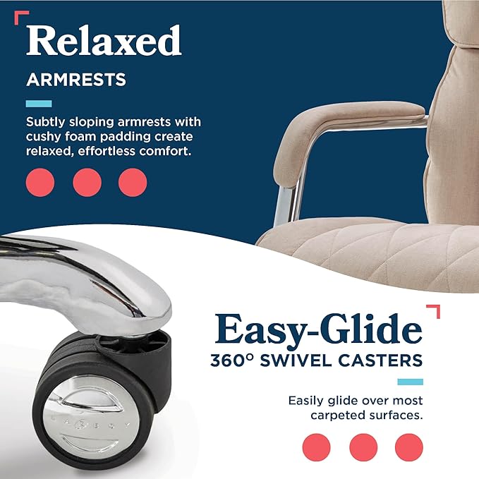 La-Z-Boy Sutherland Quilted Leather Executive Office Chair with Padded Arms, High Back Ergonomic Desk Chair with Lumbar Support, Cream Microfiber Fabric