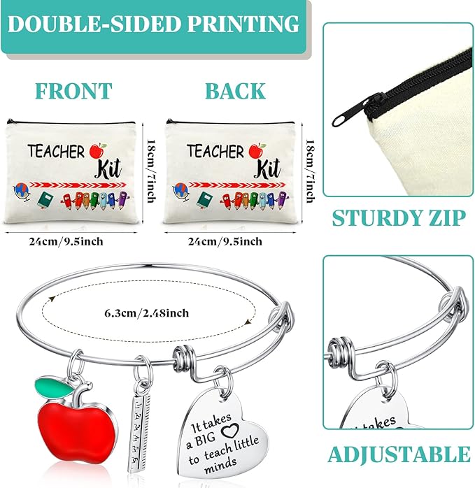 8 Pcs Teacher Appreciation Gift Set for Women, 4 Teacher Makeup Pouch Cosmetic Bags and 4 Bangle Bracelets, Christmas Valentines Thank You Gifts for Teacher (Teacher Survival Kit)