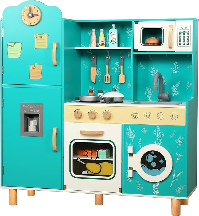 Bruvoalon Wooden Play Kitchen Toy Set for Kids, with Realistic Design, Sink with Faucet, Oven, Microwave, Utensils, Kitchenware Play Food Set Accessories, Birthday Gifts for Toddlers Boys Girl (Green)