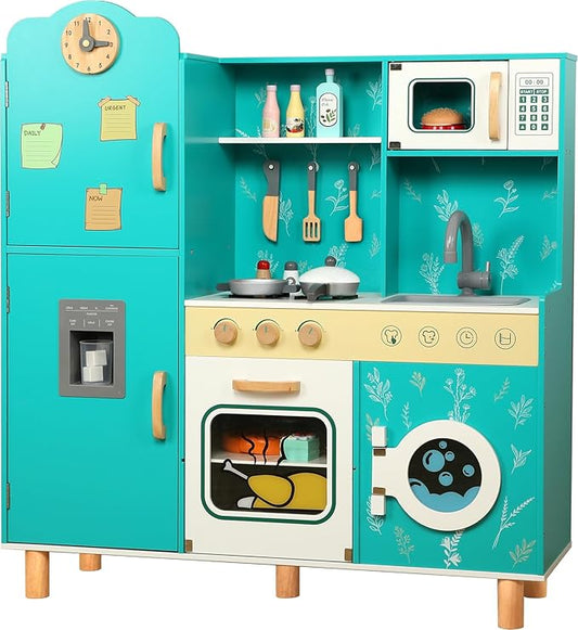 Bruvoalon Wooden Play Kitchen Toy Set for Kids, with Realistic Design, Sink with Faucet, Oven, Microwave, Utensils, Kitchenware Play Food Set Accessories, Birthday Gifts for Toddlers Boys Girl (Green)