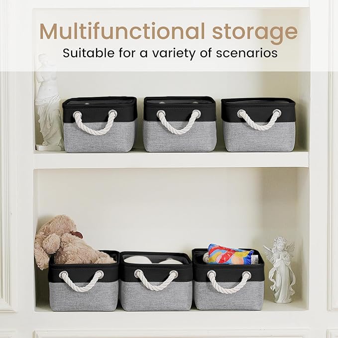 VQRTEXA Storage Baskets for Shelves 11.8x7.9x5.2 Inch, Foldable Fabric Storage Bins with Handles, Small Storage Baskets for Organizing Closet, Bathroom, Office, Home Organization (3-Pack, Black&Gray)