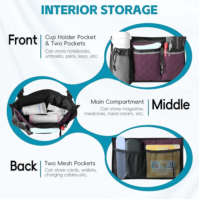 Wheelchair Bag with Cup Holder, Wheelchair Accessories Armrest Side Bag Multi Pockets Pouch for Electric Wheelchairs, Walker, Rollators & Mobility Scooters, Adults, Seniors, Purple