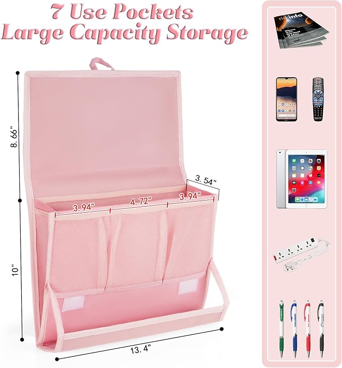 Bedside Caddy Bedside Storage Organizer Bedside Organizer with Power Strip Holder and 2 Adjustable Straps for Home Bunk Bed Dorm Sofa (Pink)