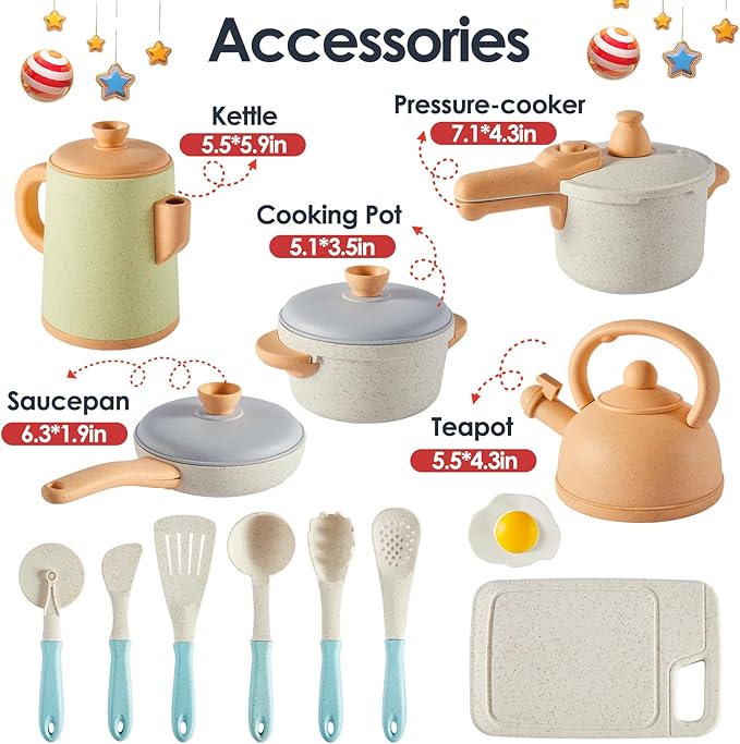 BUYGER Pretend Play Kitchen Accessories Toys Set, Cookware Pots and Pans Cooking Utensils Playset Gifts for 3 4 5 Years Old Kids Girls Boys Toddler