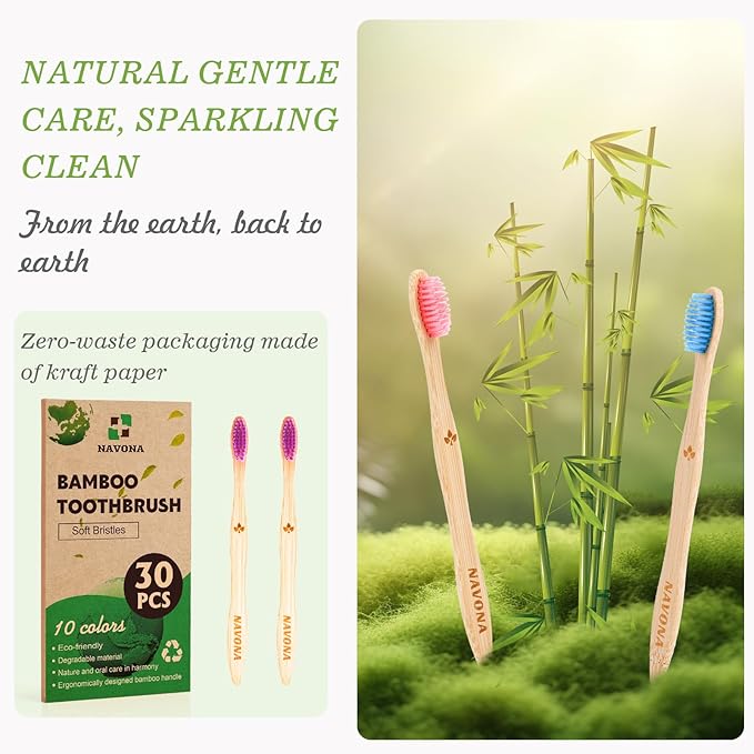 30PCS Biodegradable Bamboo Toothbrushes, BPA Free Soft Toothbrushes for Adults and Kids, Soft Bristles Toothbrushes, Eco-Friendly Natural Wooden Toothbrush Bulk, Box of Two Reusable Travel Toothbrush