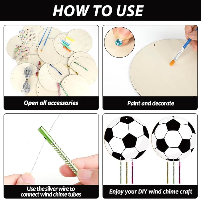 gisgfim 16 Pack Soccer Wind Chime Crafts Kits for Kids Make Your Own Soccer Wind Chime Wooden DIY Arts and Crafts Decoration for Birthday Party School Classroom Decorations Supplies Birthday Favors