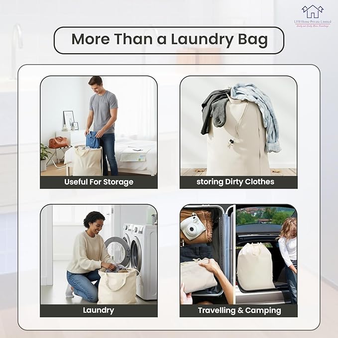 LFH Home Large Premium 1pack Cotton Canvas Laundry Bag with Drawstring and Handles Heavy Duty, Multi-Use, Washable for Home, Travel, College or Storage 18x26 -White