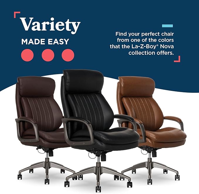 La-Z-Boy Nova Vegan Leather Modern Executive Ergonomic Design Office Chair, Memory Foam Thick Contoured Seat Back with Patented Lumbar Support Technology, Soft to Medium Sit Comfort, Black