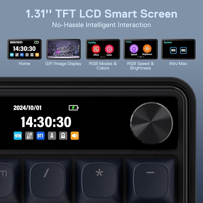 Redragon K761 Wireless Gasket Gaming Keyboard w/Hype Screen & Knob, 104 Keys Mechanical Keyboard, Easy-Control 1.26’ TFT Info Display, 5-Layer Noise Dampening, Custom Linear Switch, Abyssal Blue