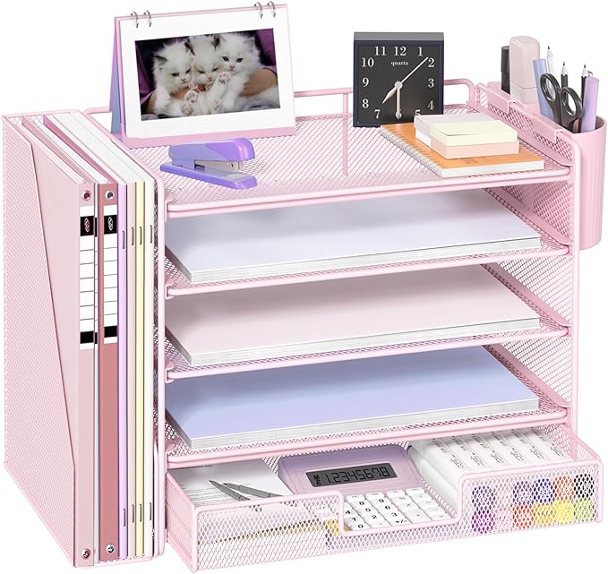 OPNICE Desk Organizer, 5-Tier Paper File Organizer with Drawer & Pen Holder, Office Desk Accessories, Workspace Desktop Organizer for Office Supplies(Pink)