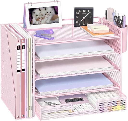 OPNICE Desk Organizer, 5-Tier Paper File Organizer with Drawer & Pen Holder, Office Desk Accessories, Workspace Desktop Organizer for Office Supplies(Pink)