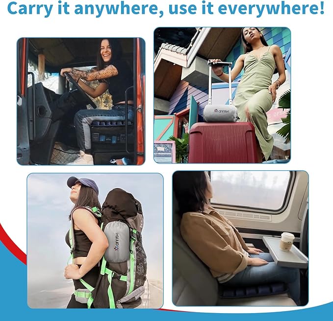 Inflatable Travel Seat Cushion with Built-in Pump & Carry Bag (Blue Cushion with Silver Storage Bag)