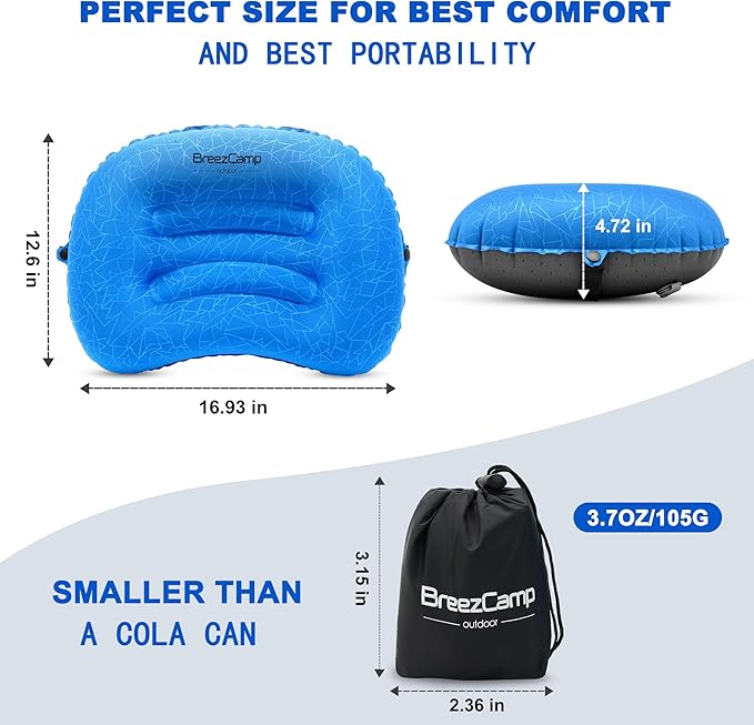 BreezCamp Inflatable Camping Pillow, Travel Blow Up Air Pillow, Neck Lumbar Support Ultralight Compact Pillow for Outdoor Hiking Backpacking Car Beach Airplane Sleeping Essentials, Navy Blue