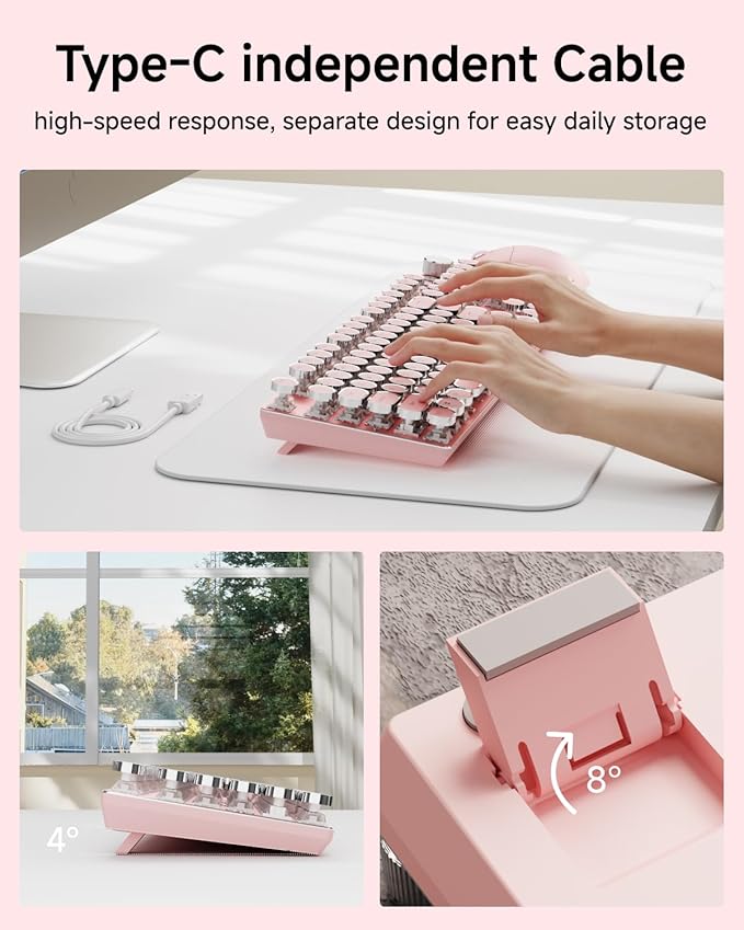 EWEADN Typewriter Style Mechanical Keyboard, Wired Typewriter Keyboards,104 Keys Backlit LED Metal Keyboards, Media Control Knob, Wired Computer Keyboard White Switch for Windows/Mac/PC-Dark Pink