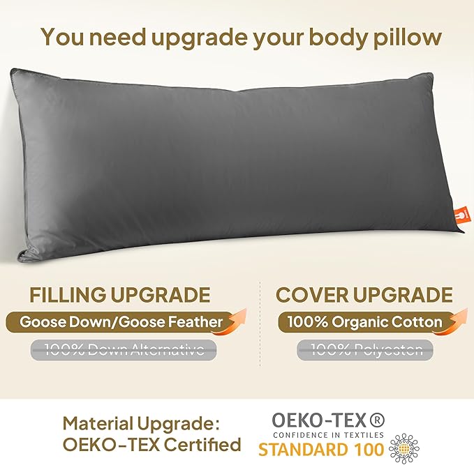 Goose Down Body Pillow for Side Sleeper, Large Body Pillows for Adults, Hugging Feather Body Pillow Insert, Cooling Full Length Long Pillow for Bed with 100% Organic Cotton Shell, (Dark Grey 20"x72")