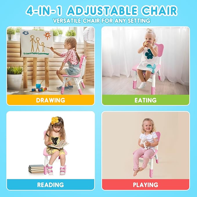 Kids Chair Height Adjustable Toddler Chair Max Load 220LBS Plastic Indoor Outdoor Chair for Children Age 1-6 School Home Daycare Use Pink