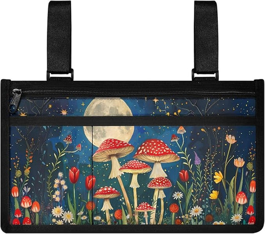 ZOUTAIRONG Moon Mushroom Wheelchair Side Bag Walker Bag Wheelchair Accessories for Adults Waterproof Armrest Organizer Storage Pouches with Reflective Stripes for Electric Wheelchair Walkers Seniors