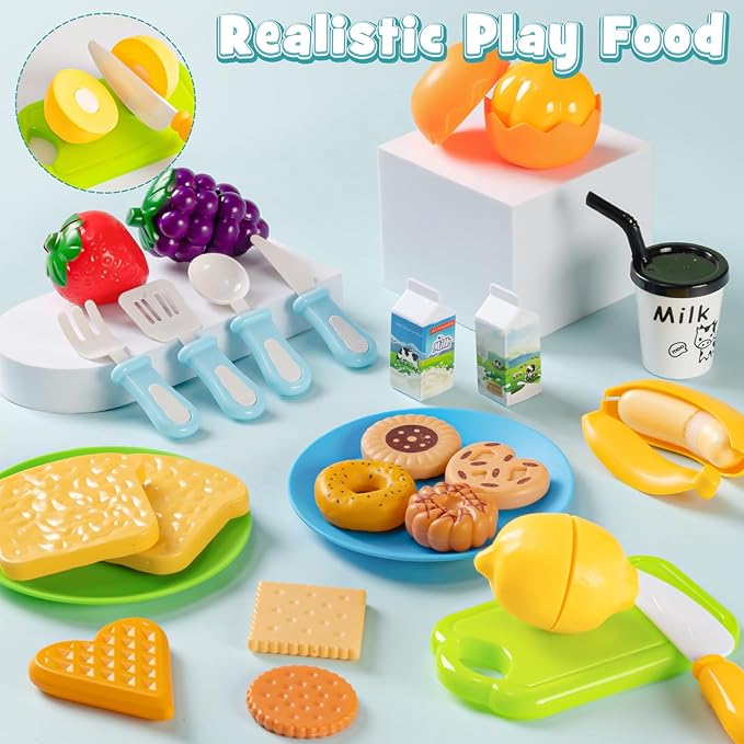 Golray 28pcs Play Kitchen Appliances Toy for Kids, Electric Mixer Toaster Blender with Light&Sound, Cutting Play Food, Pretend Kitchen Accessories, Toddler Birthday Gift Toy for Boy Girl 3 4-8 Year