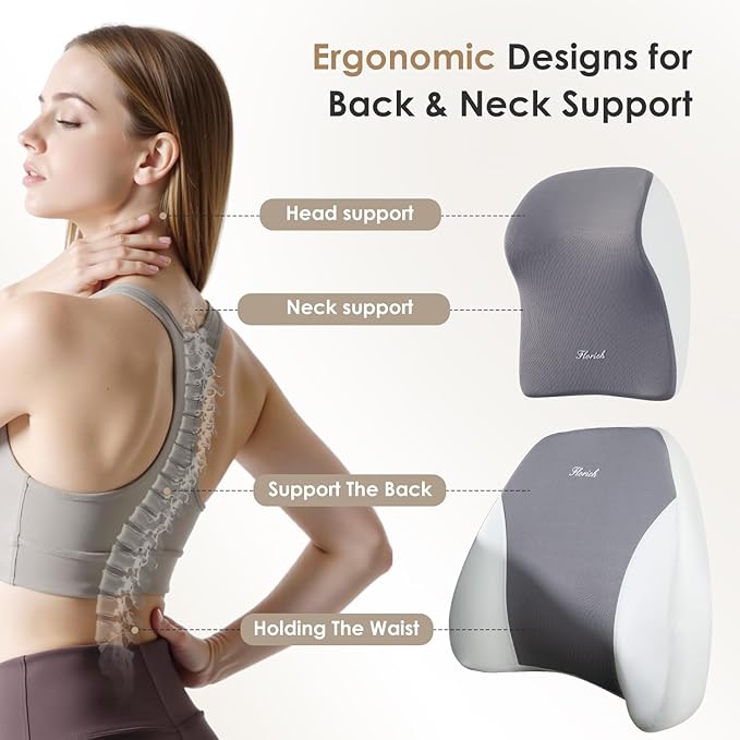 FLORICH Car Seat Cushion & Lumbar Support Pillow & Car Neck Pillow Ergonomic and 100% Memory Foam, Upgraded Larger and Breathable Car Seat Cushion & Back Support Pillow - Gray