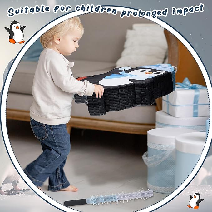 Lewtemi 15.1 Inch Penguin Piñata Winter Penguin Party Supplies Candy Animal Piñata with Stick Confetti and Blindfold Gift for Boy Girl Adults Winter Theme Birthday Party Supplies Decorations (Elegant)