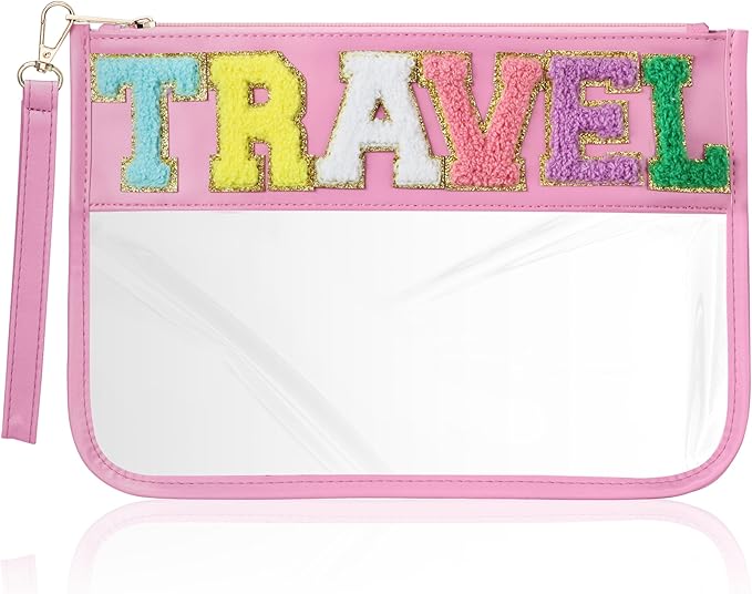 BuyCard Chenille Letter Clear Flat Makeup Pouch for Travel, Cute Cosmetic Basg with Zipper, PU & PVC Waterproof for Toiletry Beach Snacks, Portable with Wristlet for Women & Girls (Pink)