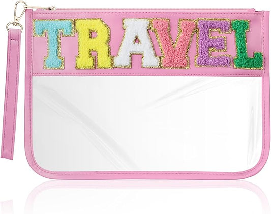BuyCard Chenille Letter Clear Flat Makeup Pouch for Travel, Cute Cosmetic Basg with Zipper, PU & PVC Waterproof for Toiletry Beach Snacks, Portable with Wristlet for Women & Girls (Pink)