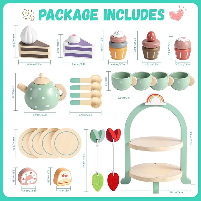 GAGAKU Wooden Tea Set for Little Girls Tea Set for Toddler Food Pretend Play Accessories Kids Kitchen Playset Tea Set for Toddlers