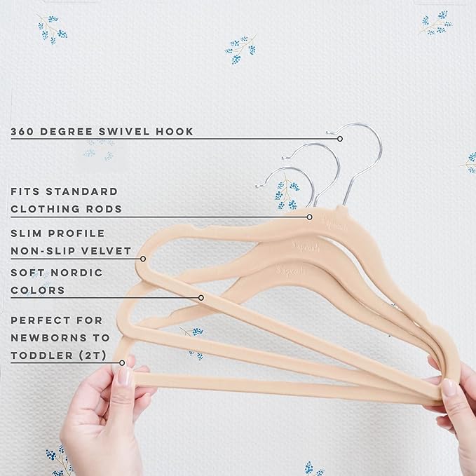 3 Sprouts Velvet Baby Hangers - Non-Slip Hanger for Infant, Toddler, Baby Clothes - Closet Kids Hangers with Slim Design, Nordic Colors, Pack of 30 - Hazelnut