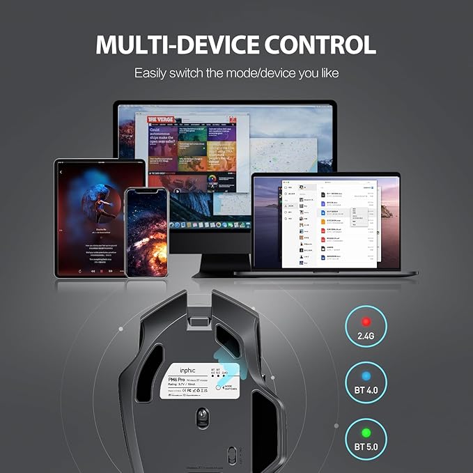 INPHIC Bluetooth Mouse Wireless, Tri-Mode, Upgraded Visible Battery, 2400 DPI, Silent Ergonomic Computer Mice, Mac, PC etc.-Gray