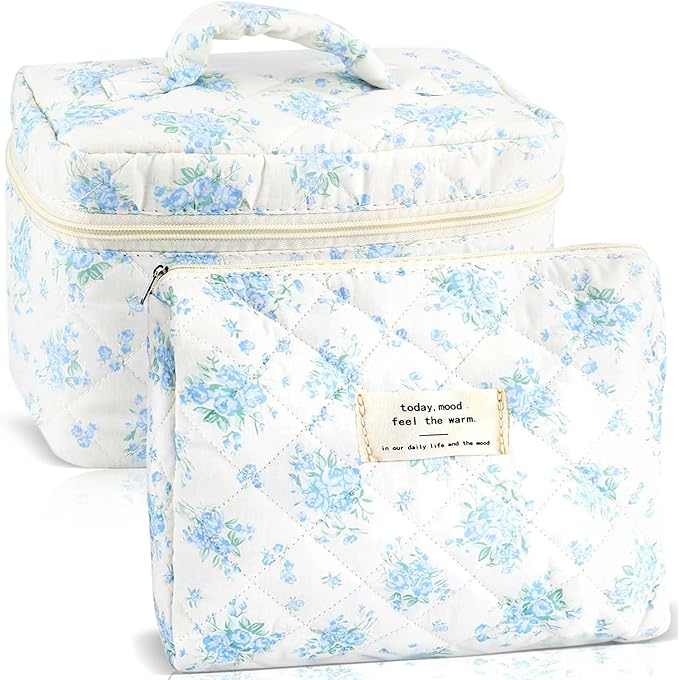 URSKYTOUS 2Pcs Cotton Quilted Makeup Bag for Women Girls Large Small Travel Floral Cosmetic Bags Set Cute Coquette Zipper Makeup Pouch for Purse Aesthetic Cloth Flower Storage Toiletry Bag Organizer