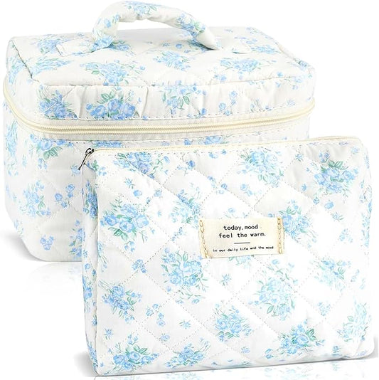 URSKYTOUS 2Pcs Cotton Quilted Makeup Bag for Women Girls Large Small Travel Floral Cosmetic Bags Set Cute Coquette Zipper Makeup Pouch for Purse Aesthetic Cloth Flower Storage Toiletry Bag Organizer
