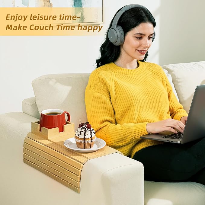 Bamboo Couch Cup Holder & Armrest Tray - Extend Your Comfort with a Secure Drink Slot and Snack Space for Recliner, Loveseat, or Sofa (Large)