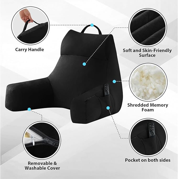 Back Pillow for Bed Sitting up, Reading Pillow for Sitting in Bed Adult, Back Support Pillow, Memory Foam Sit up Lounge Backrest Pillow with Arms for TV, Couch, Chair, Dorm, 18 Inch, Black
