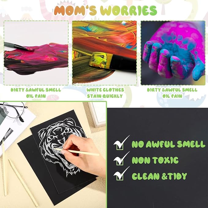 Gersoniel 50 Pieces Scratch Paper Art Set Craft Kits Black Coated Scratchboard Black Scratch Off Paper with Wooden Stylus for Valentine's Day Gifts Birthday Party Supplies