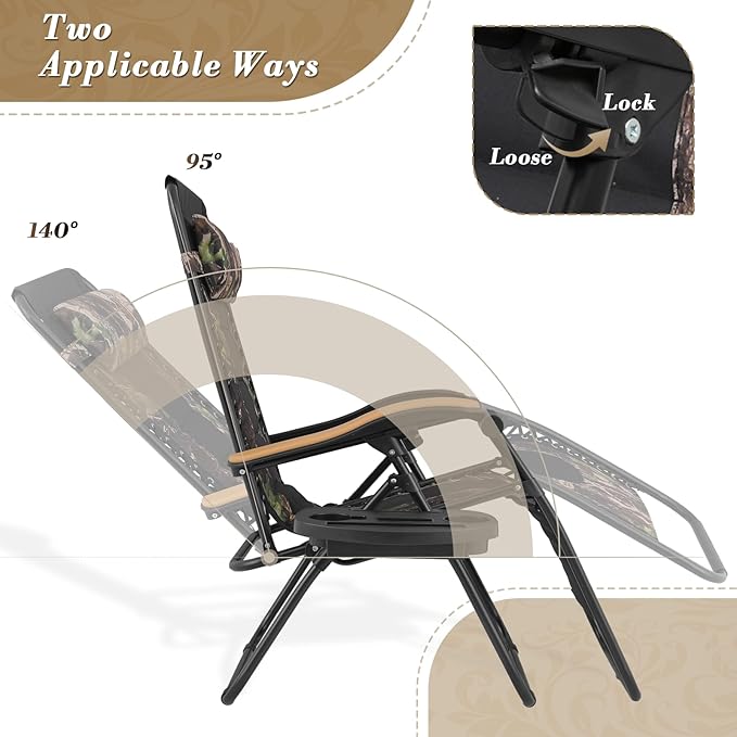 Athena Collection Zero Gravity Outdoor Lounge Chair Set of 2 with Cup Holder, 25" Width Pool Lounge Lawn Chairs Reclining, Outdoor Chaise for Beach Patio Backyard Outside, Jungle