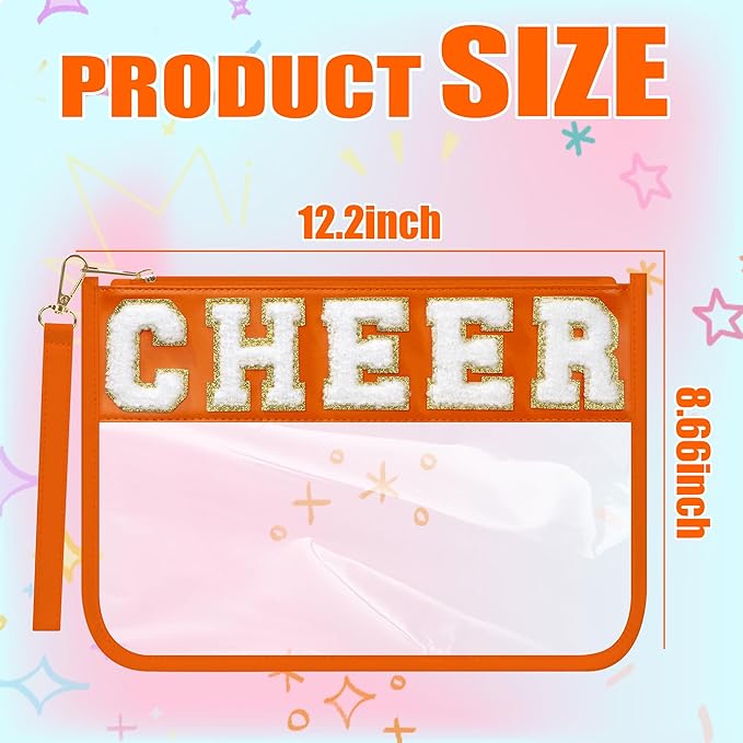BuyCard Cheer Chenille Letter Bags Clear Makeup Bag, Cheerleader Gifts Cosmetic Bag, Varsity Preppy Patch Flat Pouch Cheer Accessories, Waterproof PVC Organizer Toiletry Bag for Women Girls Orange