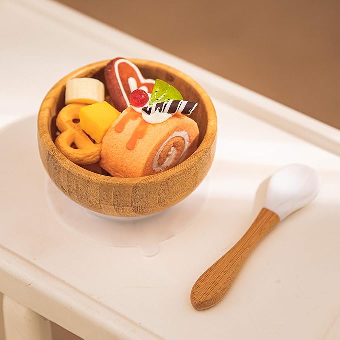 Baby Bamboo Bowls with Suction and Matching Spoon Set, 3 Piece Feeding Supplies Set for Infant, Toddlers, Detachable Silicone Suction Stay Put Base for Wooden Bowl, Plate