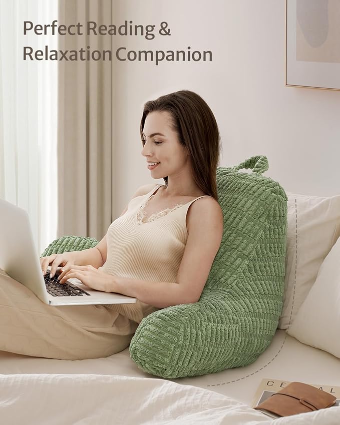 Blissful Diary Reading Pillow, Large Backrest Pillow with Shredded Memory Foam for Adult & Children, Designed for Bed and Couch Sitting Up, Includes Arms, Pockets and Washable Cover, Sage Green