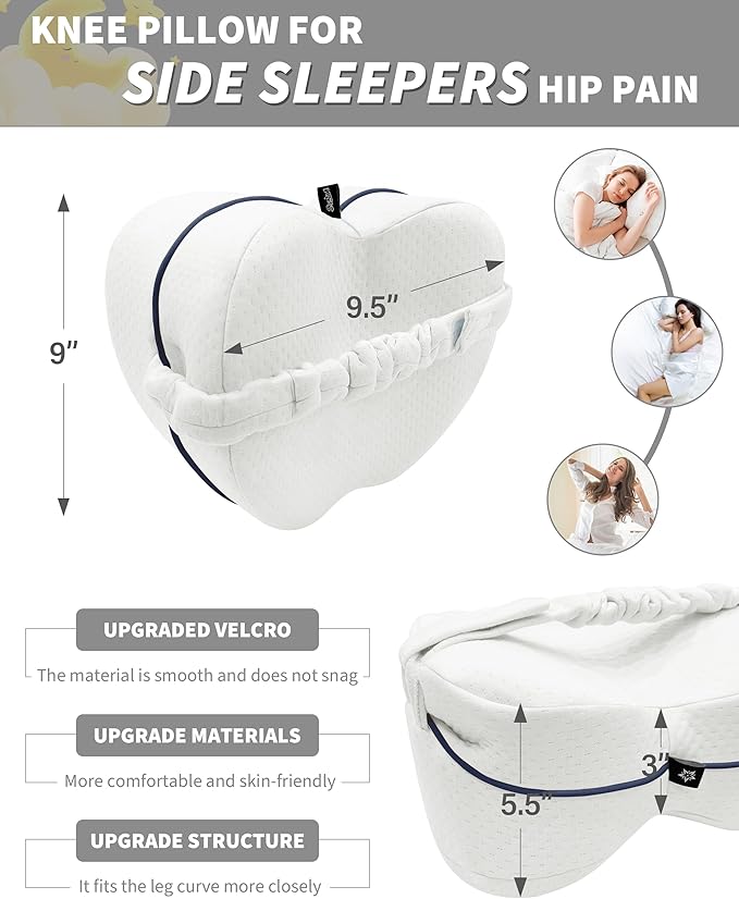 SPRING SEAON Knee Support Pillow for Side Sleepers – Deep Contour Memory Foam Leg Pillow with Adjustable Strap for Sciatica, Hip, Back & Knee Pain Relief – Breathable, Washable Cover, White