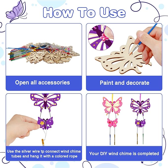 Fennoral 12 Pack Butterfly Wind Chime Kits for Kids Make Your Own Hollowed Out Butterfly Wind Chime DIY to Paint Butterfly Wooden Arts and Crafts for Kids Spring Winter Art Activity Birthday Party