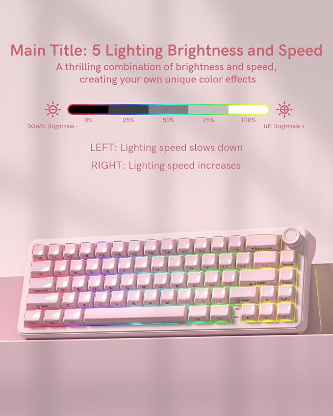 Keymatic 65% Layout Wireless Mechanical Keyboard,Cute Crystal Gaming Keyboard with Knob, Hot Swappable Pre-lubed Switches,Gasket Mounted RGB for Win/Mac,Pink