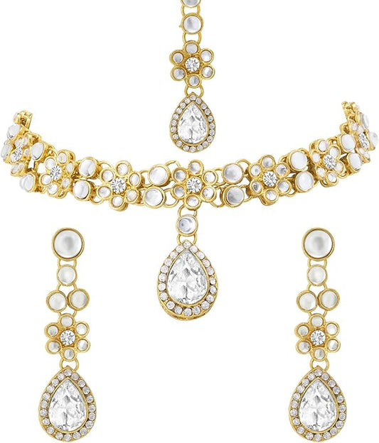 Aheli Traditional Gold Plated Kundan Beads Studded Choker Necklace Dangle Earrings & Maangtikka Set Ethnic Fashion Jewellery Gift for Women