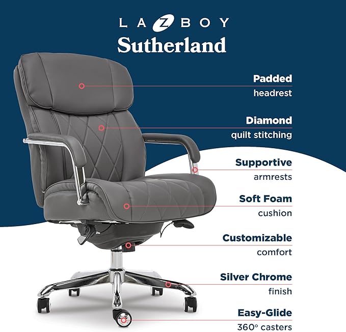 La-Z-Boy Sutherland Quilted Leather Executive Office Chair with Padded Arms, High Back Ergonomic Desk Chair with Lumbar Support, Grey Bonded Leather