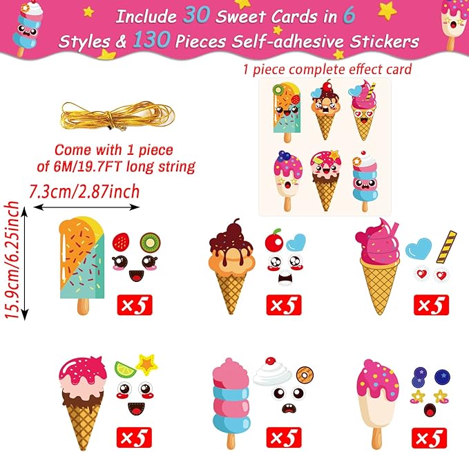 30 Packs Summer Ice Cream Craft Kits for Kids Sweets DIY Sticker Art Craft Set for Early Education Home Class Day-Care Fun Game Activities Summer Party Favors