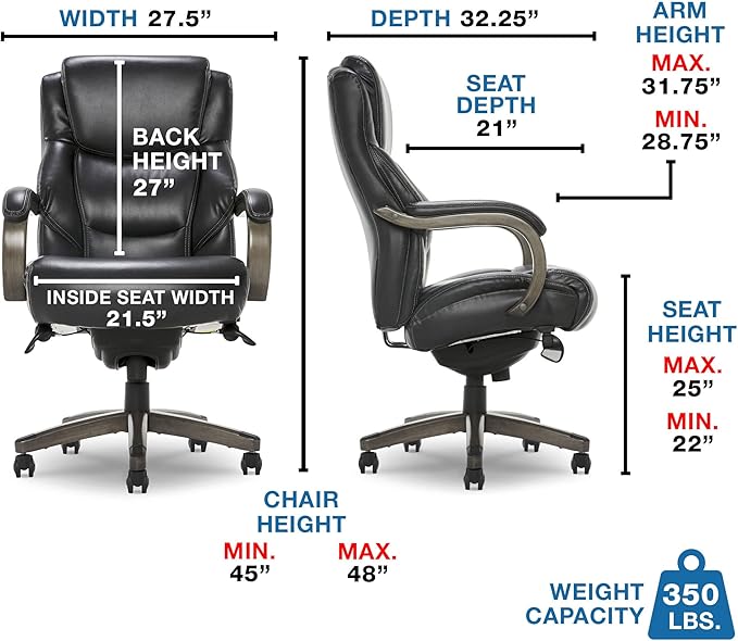 La-Z-Boy Delano Big & Tall Executive Office Chair, High Back Ergonomic Lumbar Support, Bonded Leather, Black with Weathered Gray Wood